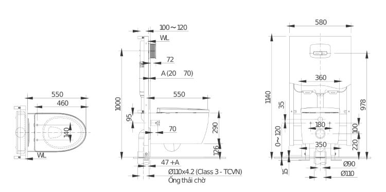 Bản vẽ bồn cầu treo tường AC-952VN