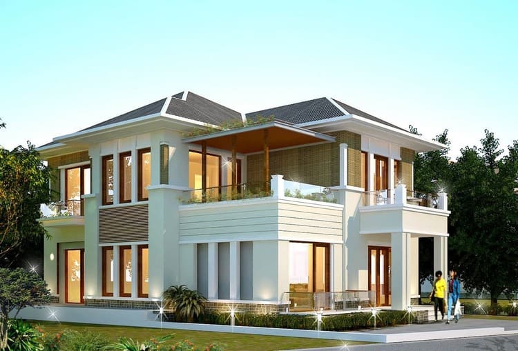 Mẫu nhà đẹp 2 tầng với khu vực ngoài trời thoáng mát