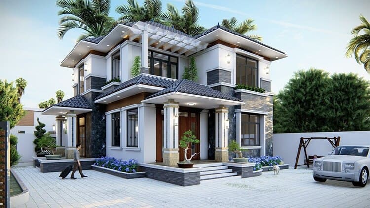 Mẫu nhà đẹp 2 tầng mái Nhật nhẹ nhàng