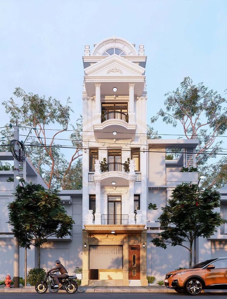 Mẫu thiết kế nhà phố 4 tầng đẹp, có ban công nhỏ