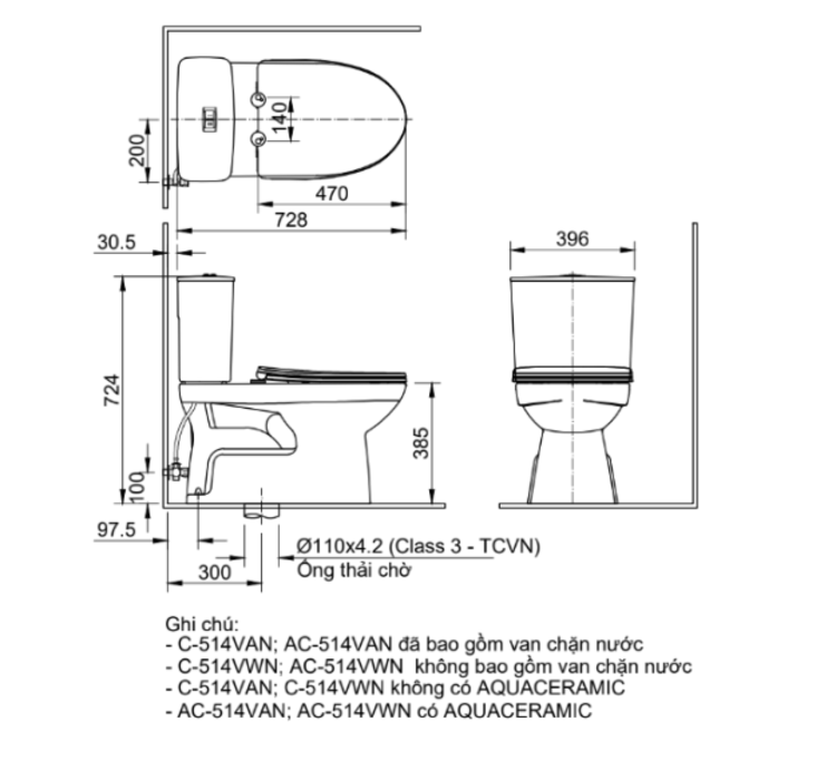 Bản vẽ bồn cầu 2 khối AC-514VAN