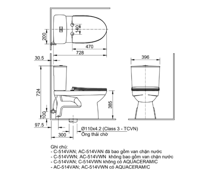 Bản vẽ bồn cầu 2 khối AC-514VWN