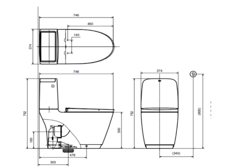 Bản vẽ lắp đặt của bồn cầu 2 khối xả cảm ứng ACT-832VN