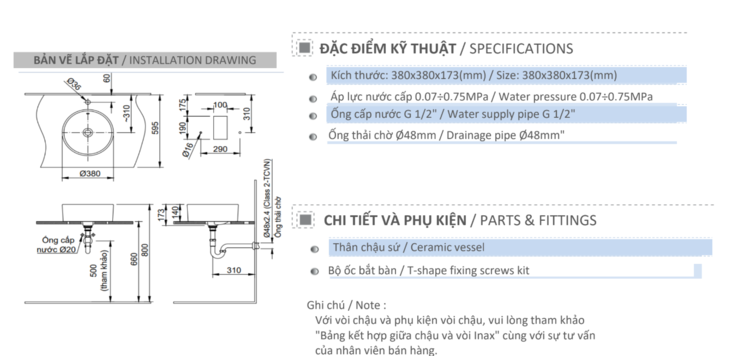 Bản vẽ lắp đặt chậu rửa đặt bàn AL-295V
