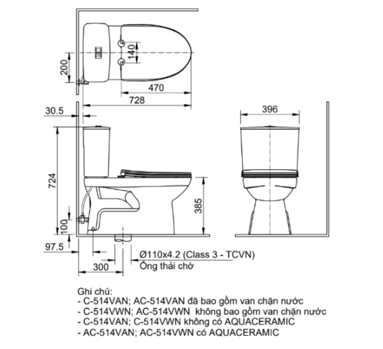 Bản vẽ bồn cầu 2 khối C-514VAN
