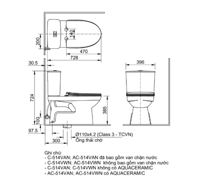 Bản vẽ bồn cầu 2 khối C-514VWN