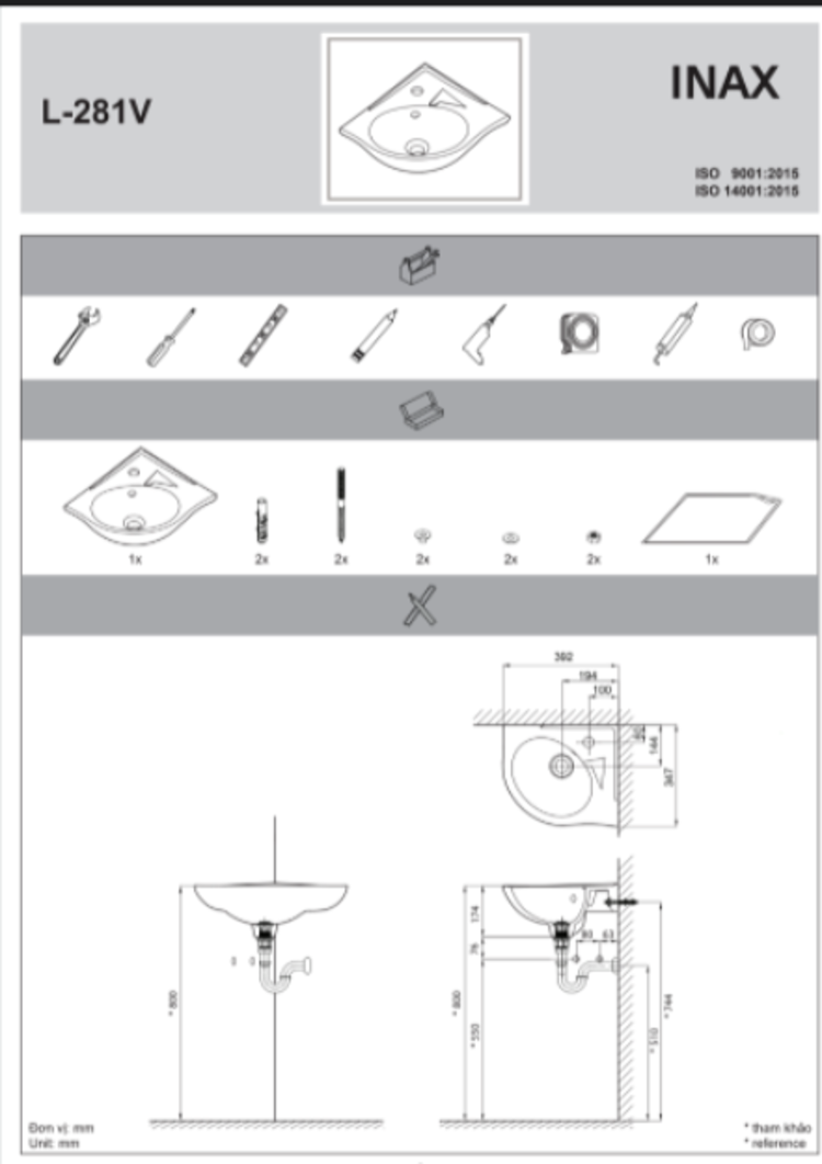 Hướng dẫn lắp đặt chậu rửa góc L-281V Bước 1