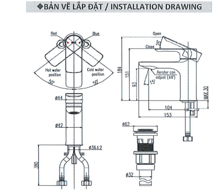 Bản vẽ vòi chậu nóng lạnh LFV-612S