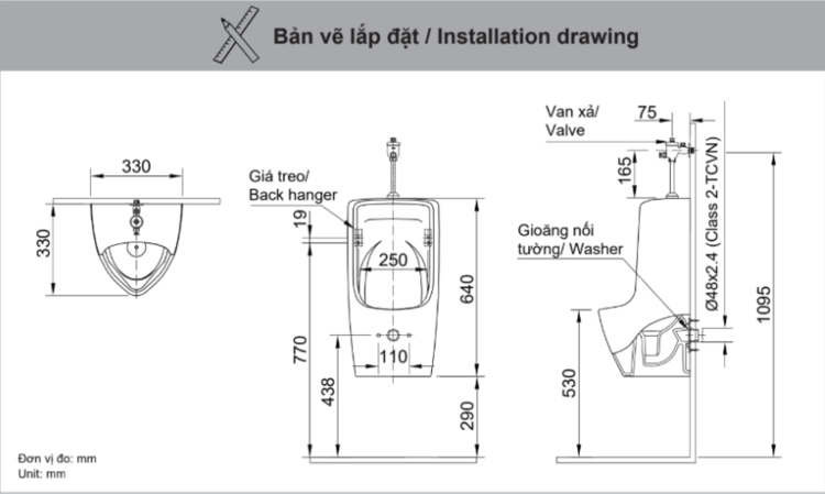 Bản vẽ lắp đặt bồn tiểu nam U-431VR