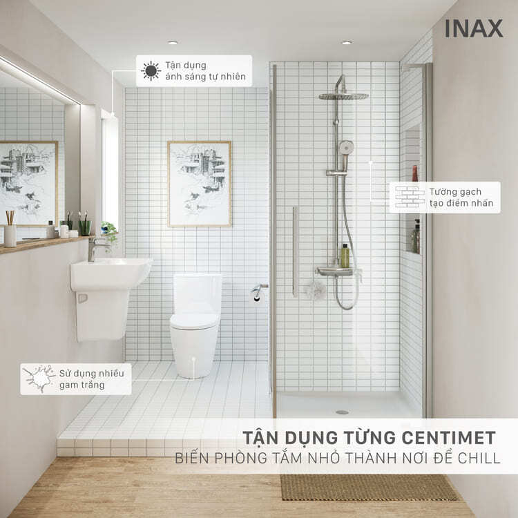 Phòng tắm nhỏ nên lát gạch có kích thước vừa phải