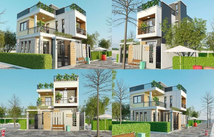 Kiến trúc nhà 2 tầng hiện đại có sân vườn bao quanh