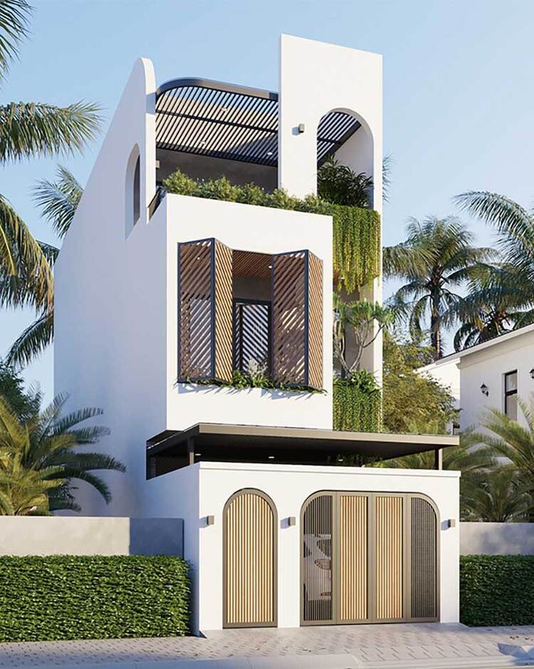 Thiết kế nhà phố 2 tầng kết hợp với tầng thượng