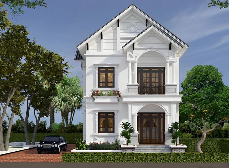 Mẫu nhà ở 2 tầng được thiết kế theo hình dạng mái Thái