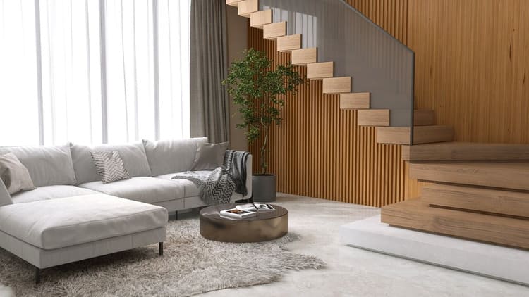 Trang trí phòng khách có cầu thang đẹp và rộng rãi