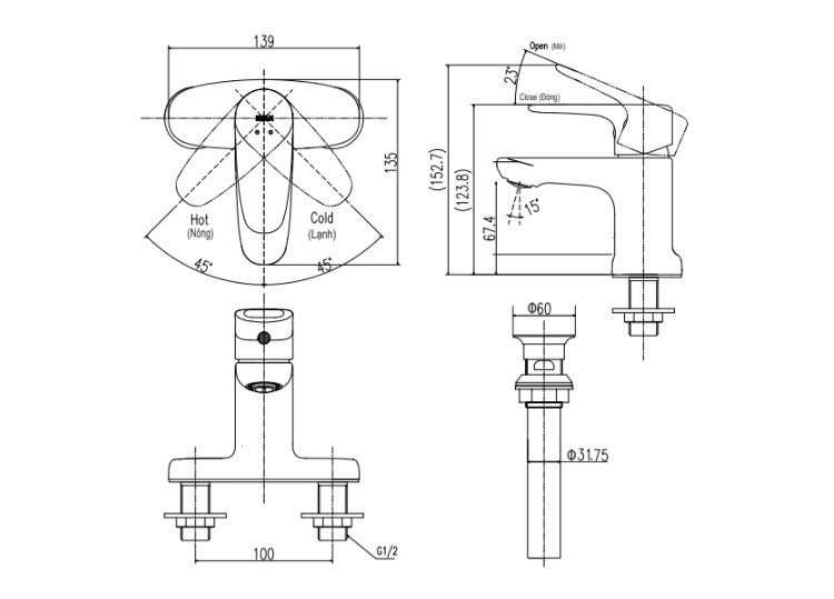 Bản vẽ vòi chậu đặt bàn LFV-1112S