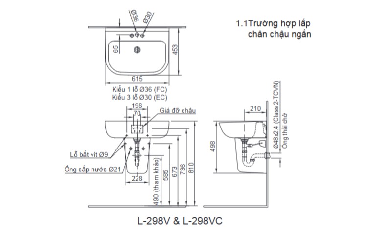 Bản vẽ lắp đặt chân chậu L-298VC