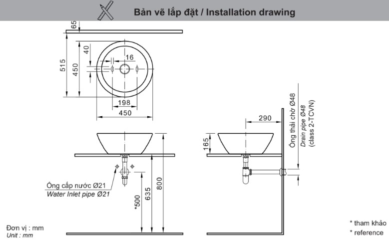 Bản vẽ lắp đặt chậu rửa đặt bàn L-445V