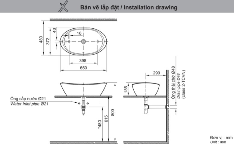 Bản vẽ lắp đặt chậu rửa đặt bàn L-465V