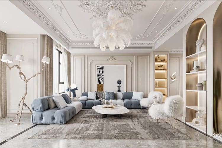 Mẫu gạch lát nền vân đá nhẹ, bóng sáng phong cách tân cổ điển