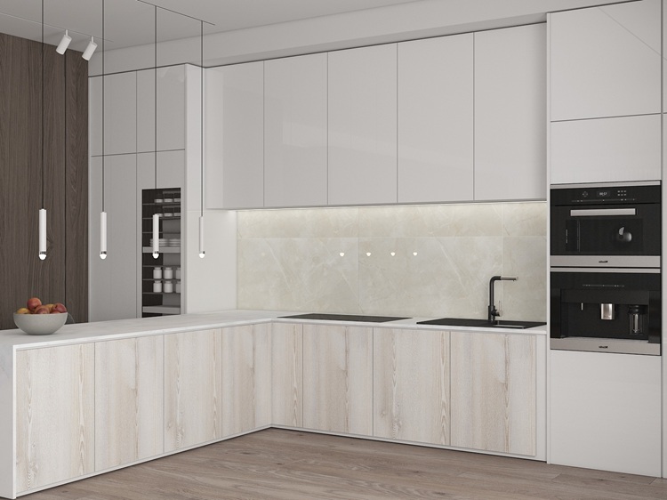 Mẫu gạch lát nền nhà bếp giả gỗ sạch sẽ mang phong cách hiện đại