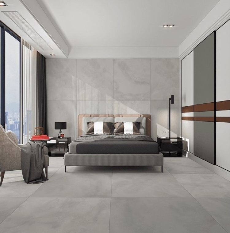 Mẫu gạch lát phòng ngủ xám ghi giả xi măng đơn giản, tinh tế