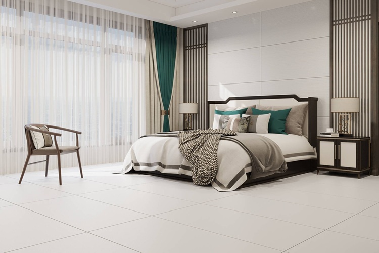 Mẫu gạch lát phòng ngủ màu trắng be tạo cảm giác rộng rãi, tuyệt đẹp