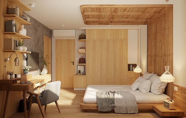 Gạch lát phòng ngủ giả gỗ kết hợp nội thất gỗ tự nhiên và ánh sáng dịu tạo cảm giác thư giản, dễ chịu