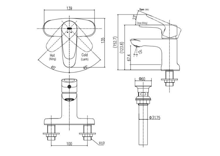 Bản vẽ vòi chậu đặt bàn LFV-1111S