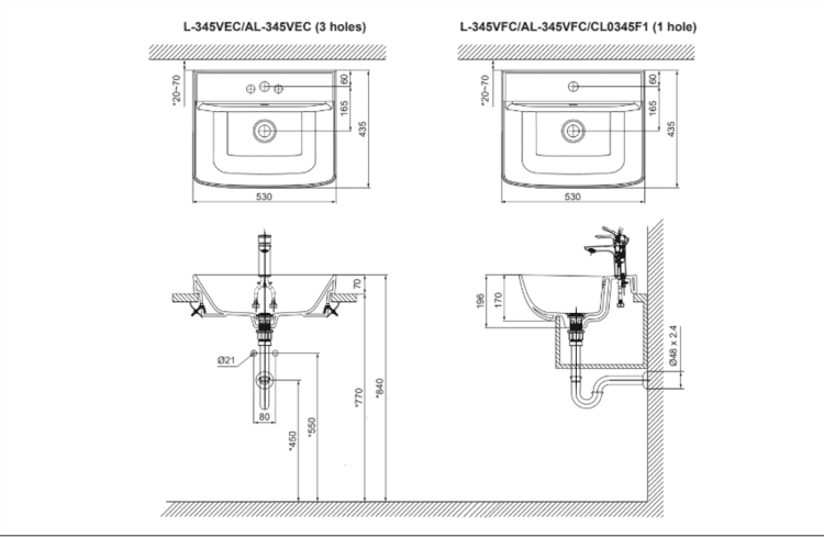 Bản vẽ lắp đặt chậu rửa bán âm AL-345V