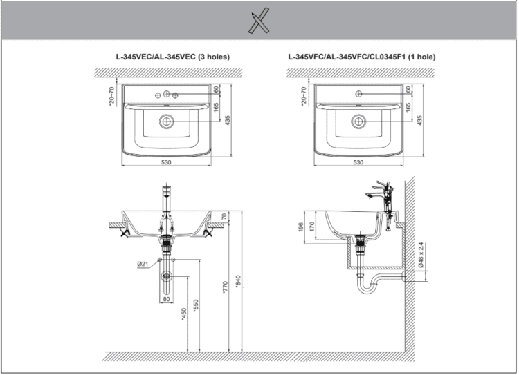 Bản vẽ lắp đặt chậu rửa bán âm L-345V