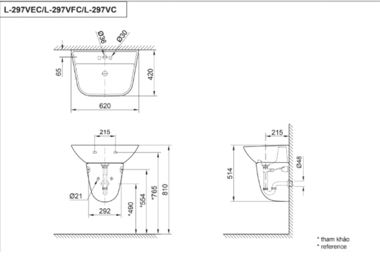 Bản vẽ lắp đặt chậu rửa treo tường L-297V(EC/FC)