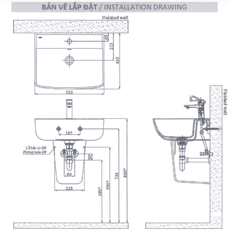Bản vẽ lắp đặt chậu rửa treo tường INAX L-312 (EC/FC)