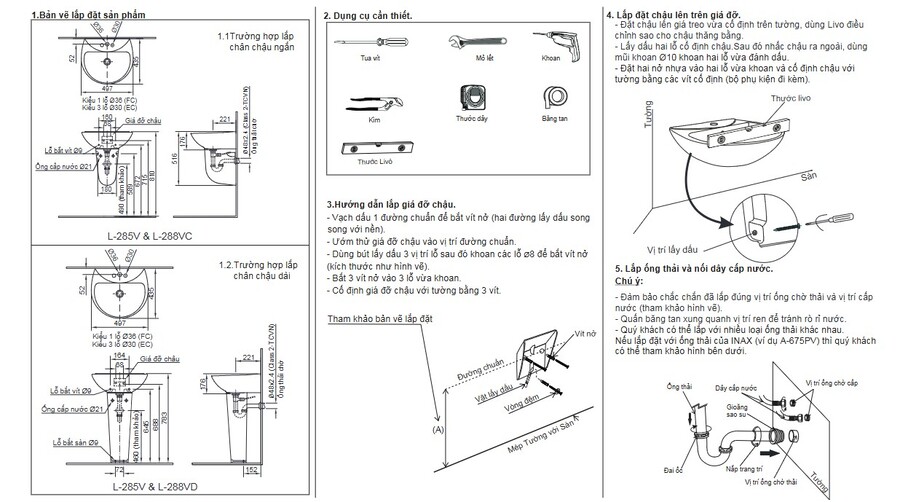Bản vẽ lắp đặt chân chậu L-288VD