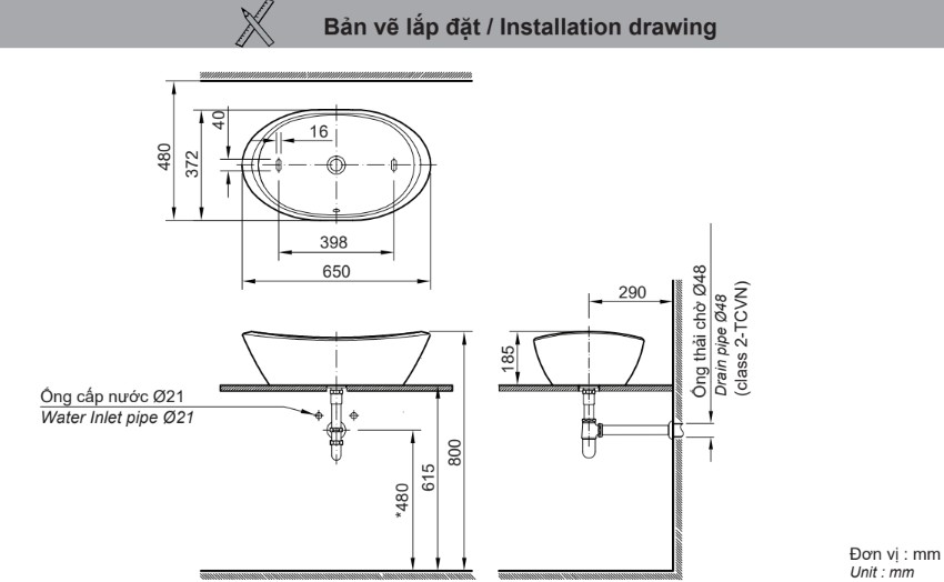 Bản vẽ lắp đặt chậu rửa đặt bàn AL-465V(EC/FC)