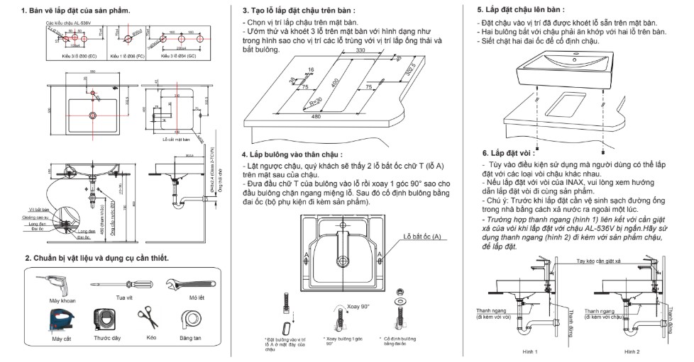 Bản vẽ lắp đặt chậu rửa đặt bàn AL-536V(EC/FC/GC)(EC/FC)