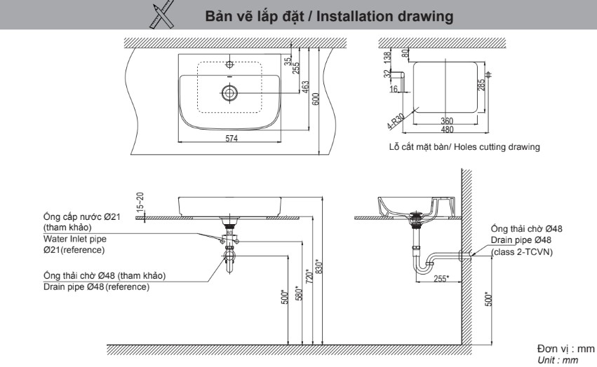 Bản vẽ lắp đặt chậu rửa đặt bàn AL-632V(EC/FC)