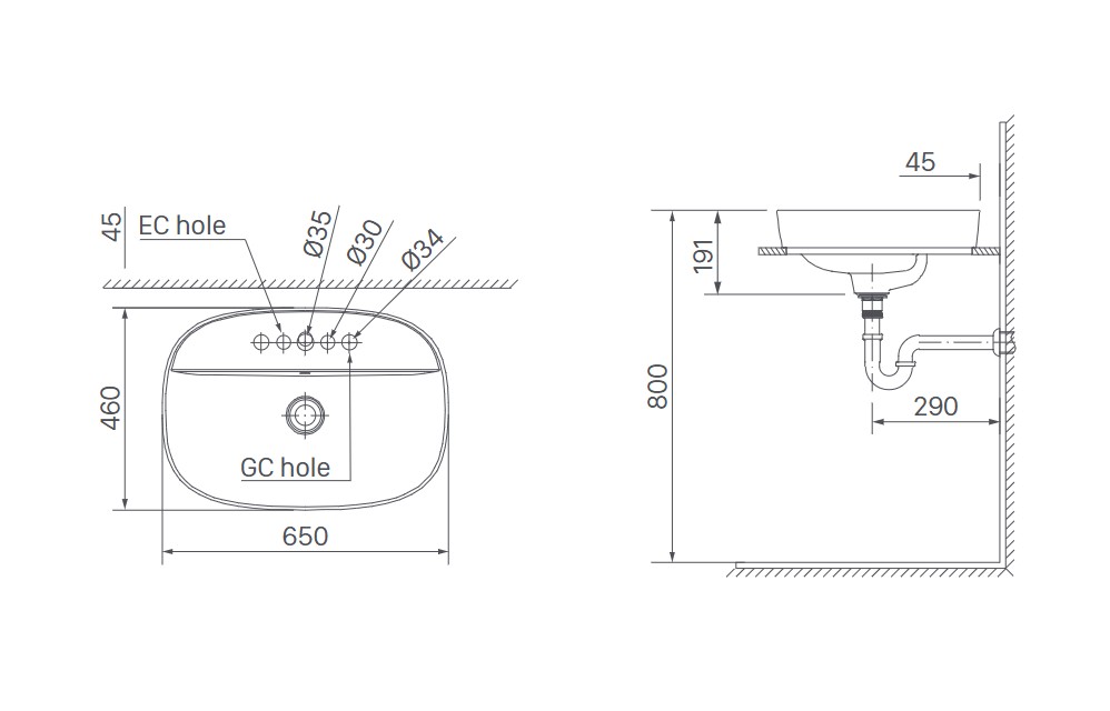 Bản vẽ lắp đặt chậu rửa đặt bàn AL-652V(EC/FC)