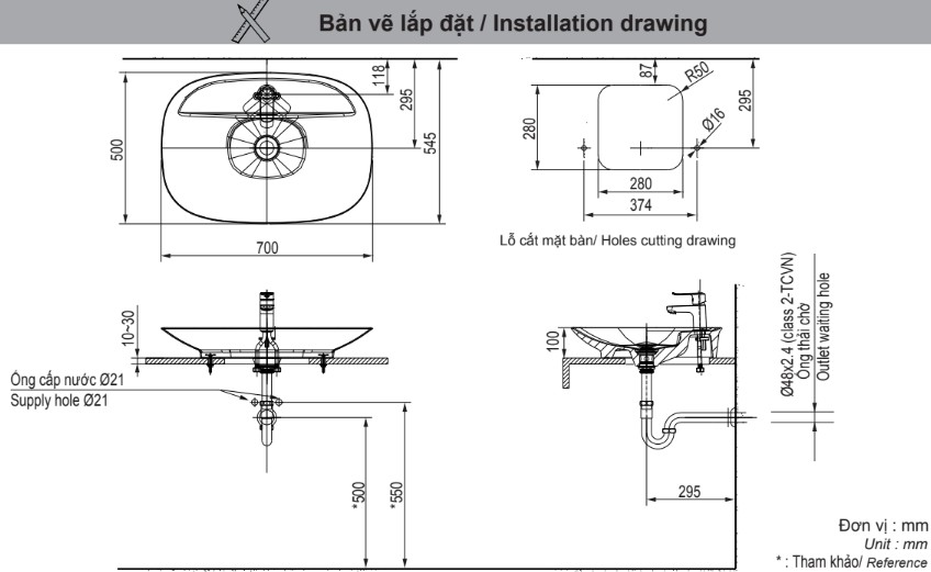 Bản vẽ lắp đặt chậu rửa đặt bàn AL-S620V(EC/FC)