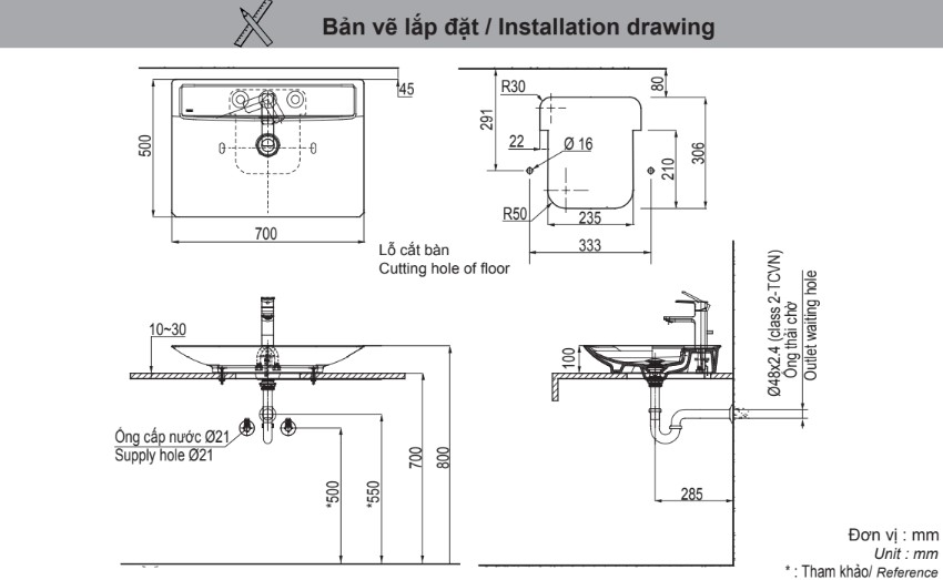 Bản vẽ lắp đặt chậu rửa đặt bàn AL-S630V(EC/FC)