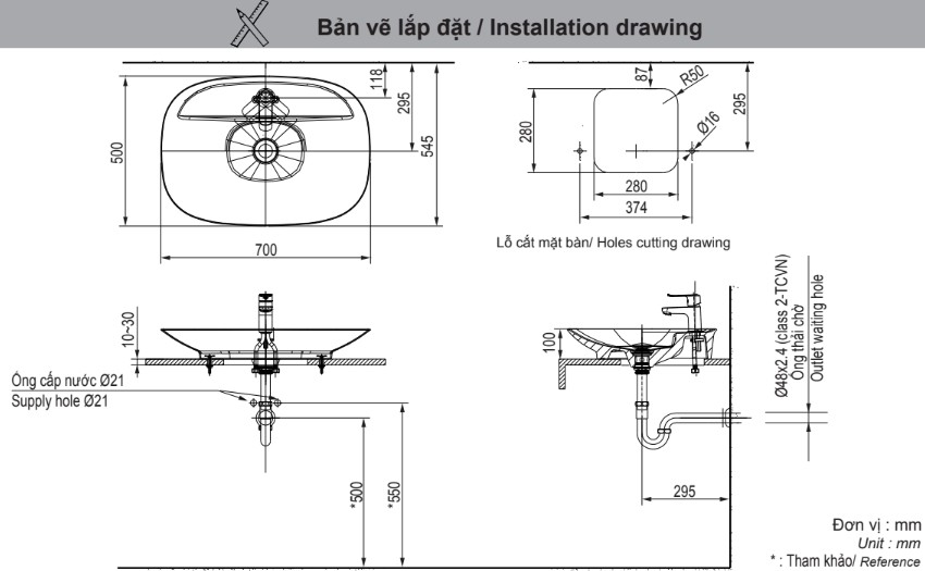 Bản vẽ lắp đặt chậu rửa đặt bàn AL-S640V(EC/FC)