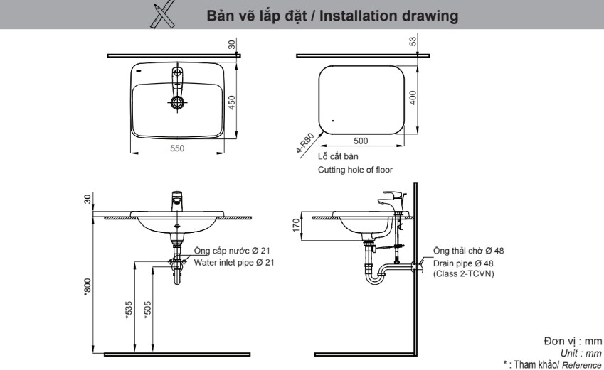 Bản vẽ lắp đặt chậu rửa dương bàn AL-2398V(EC/FC)
