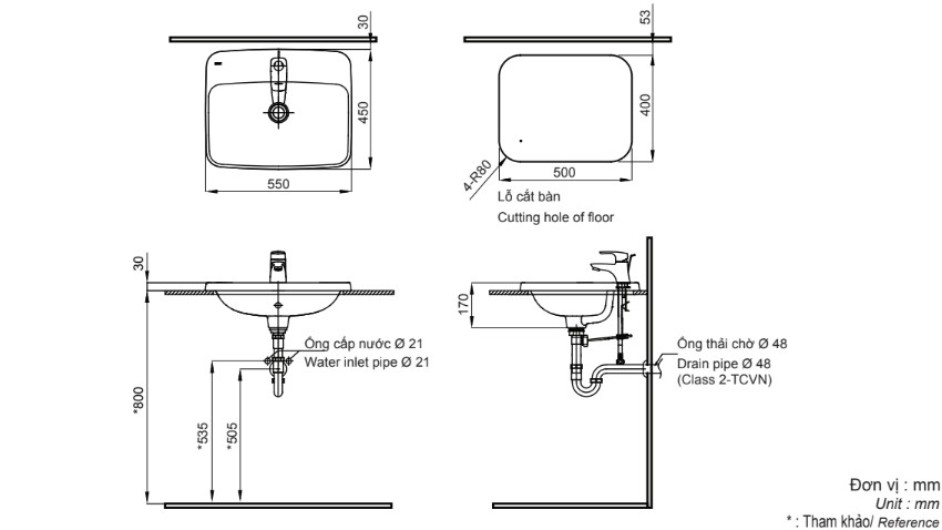 Bản vẽ lắp đặt chậu rửa dương bàn L-2398V(EC/FC)