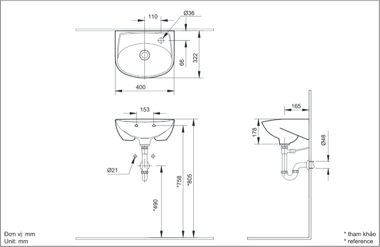 Bản vẽ lắp đặt chậu rửa treo tường L-280V(EC/FC) 