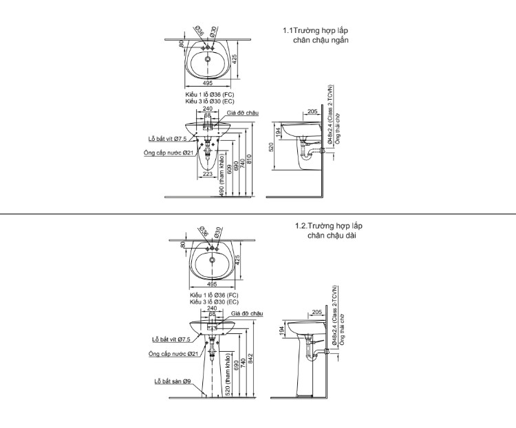 Bản vẽ lắp đặt chậu rửa treo tường L-284V(EC/FC)
