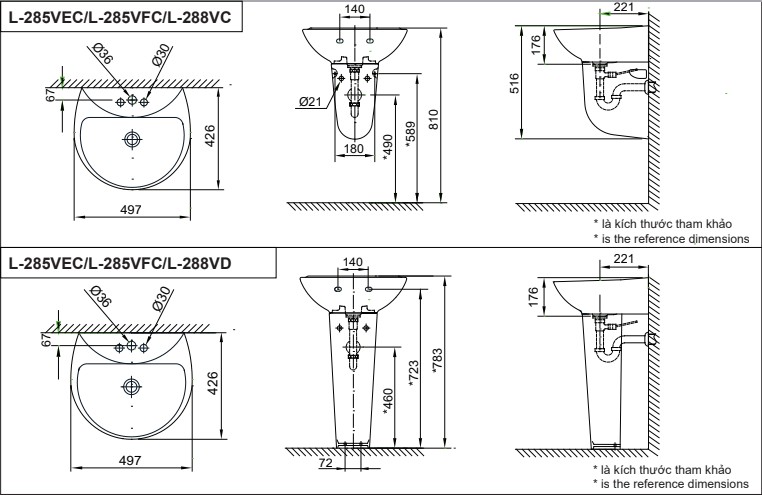 Bản vẽ lắp đặt chậu rửa treo tường L-285V(EC/FC)