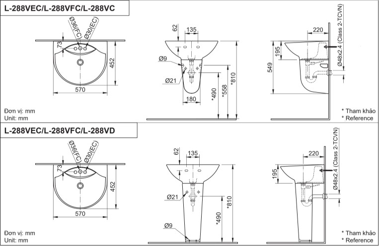 Bản vẽ lắp đặt chậu rửa treo tường L-288V(EC/FC)