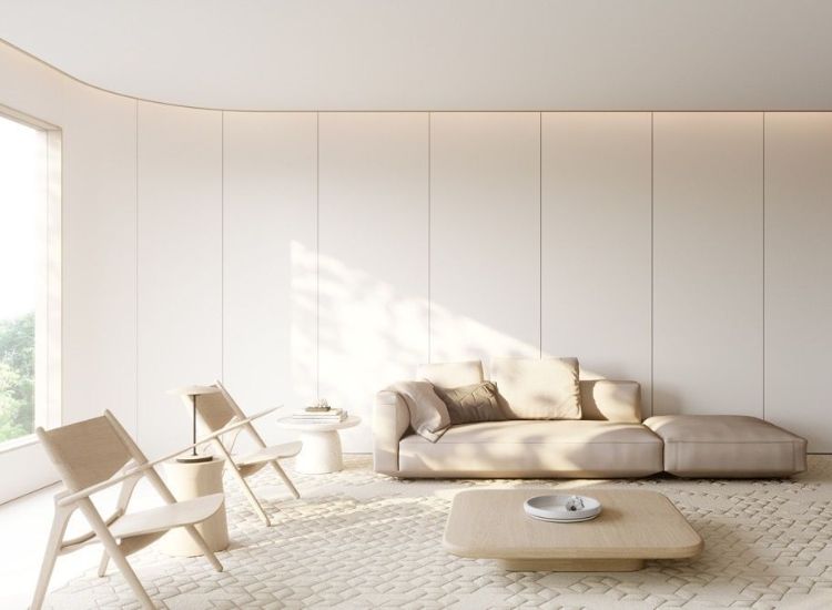 Việc tối giản vật dụng cùng vật liệu màu be, cùng tông với thảm, sofa tạo cảm giác dễ chịu, thư thái hơn