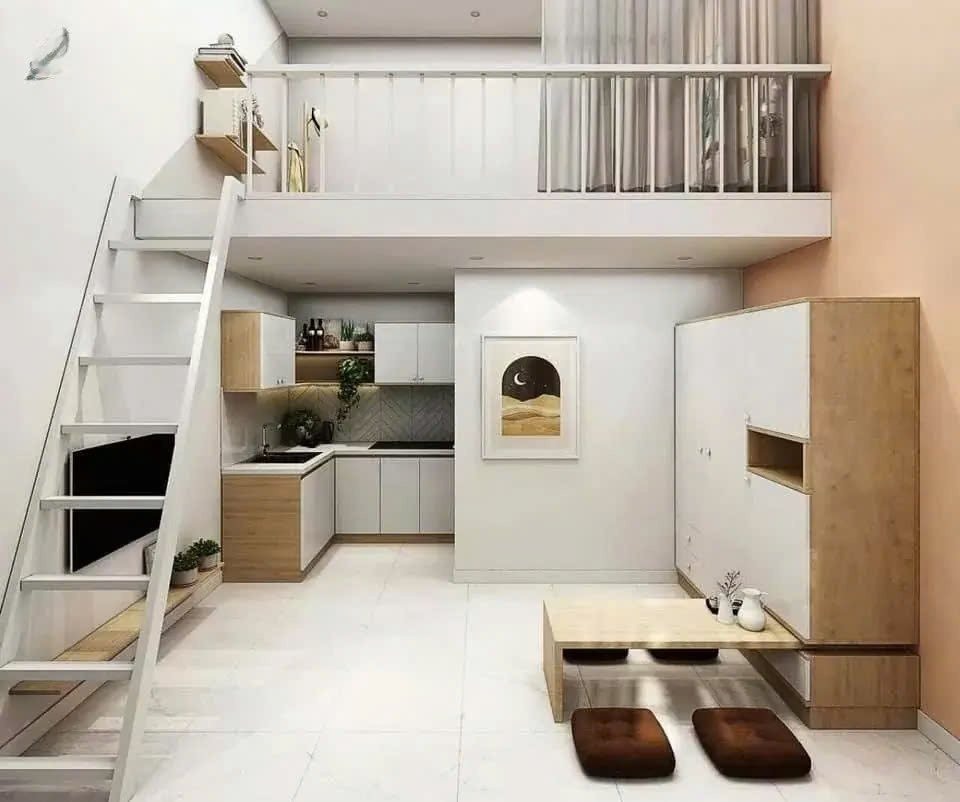 Nhà cấp 4 gác lửng 200 triệu với màu sắc trắng be, tối giản